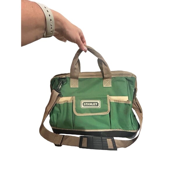 STANLEY 16" Open Mouth Zipper Top Pockets Tool Bag Hard Bottom Green 16x11x9"